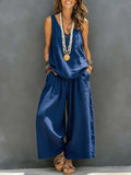Womens Solid-Colored Casual Sleeveless Tank Top And Wide-Leg Pants Cotton-Linen Set